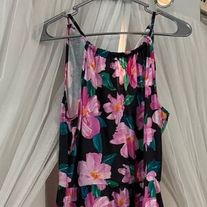 Black Floral Spaghetti Strap Dress with Pink Flowers